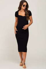 Black Ribbed Maternity Midi Dress