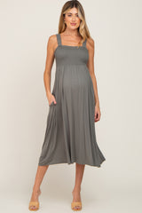 Olive Smocked Ruffle Strap Maternity Midi Dress