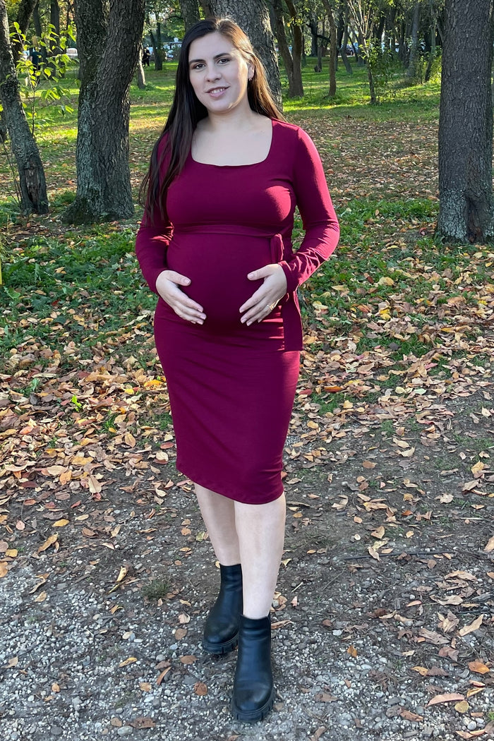 Burgundy Basic Square Neck Maternity Midi Dress