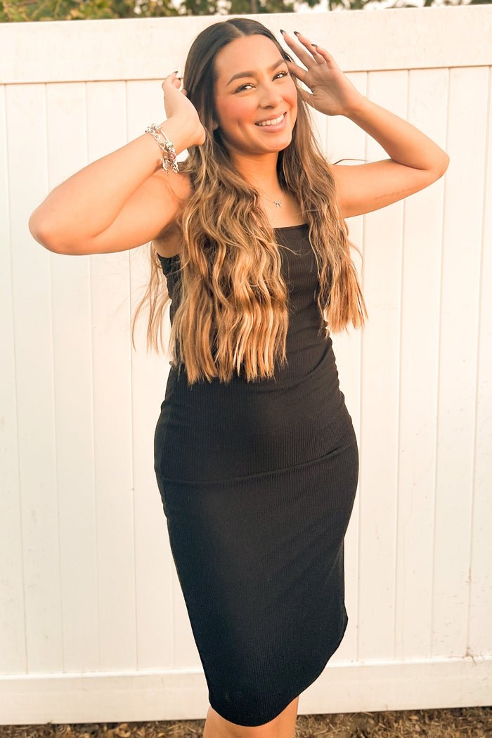 Black Rib Knit Side Slit Midi Dress