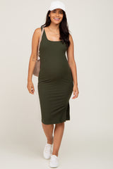 Olive Rib Knit Side Slit Maternity Midi Dress