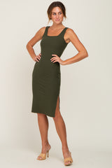 Olive Rib Knit Side Slit Maternity Midi Dress