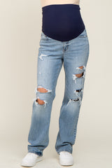 Light Blue Distressed Straight Maternity Jeans