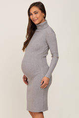 Grey Rib Knit Turtleneck Maternity Sweater Dress