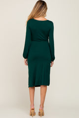 Hunter Green Long Sleeve Ruched Maternity Midi Dress