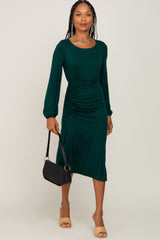 Hunter Green Long Sleeve Ruched Maternity Midi Dress