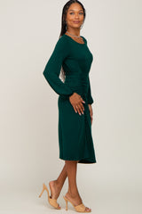 Hunter Green Long Sleeve Ruched Midi Dress