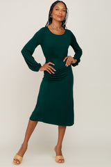 Hunter Green Long Sleeve Ruched Midi Dress