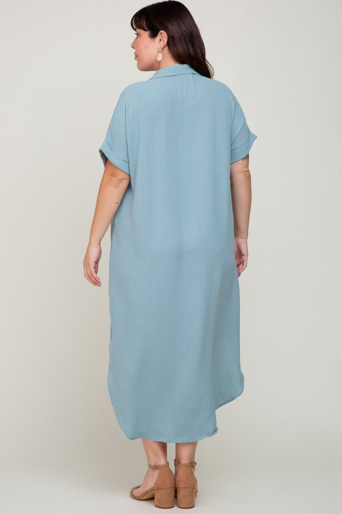 Light Olive Button Down Hi Low Plus Maxi Dress