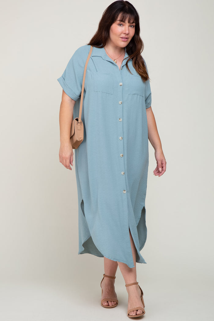 Light Olive Button Down Hi Low Plus Maxi Dress