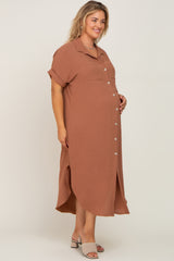 Mocha Button Down Hi Low Maternity Plus Maxi Dress