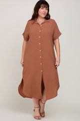 Mocha Button Down Hi Low Maternity Plus Maxi Dress