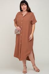 Mocha Button Down Hi Low Plus Maxi Dress