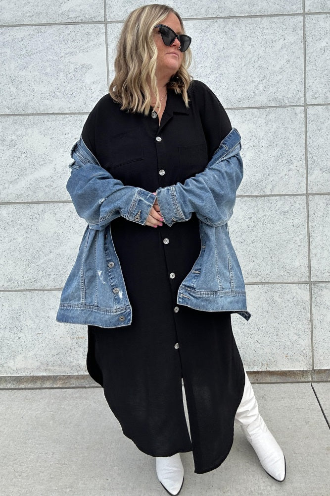 Black Button Down Hi Low Maternity Plus Maxi Dress