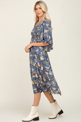 Blue Floral Smocked Flowy Half Sleeve Midi Dress