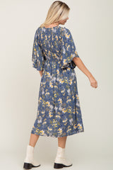 Blue Floral Smocked Flowy Half Sleeve Midi Dress