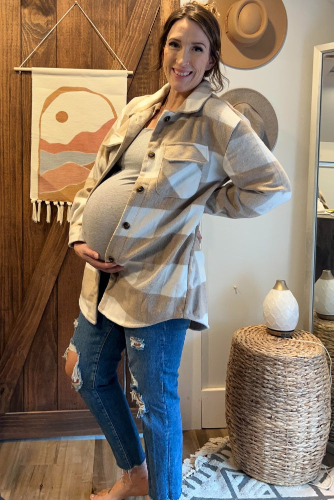 Beige Plaid Brushed Long Maternity Shacket