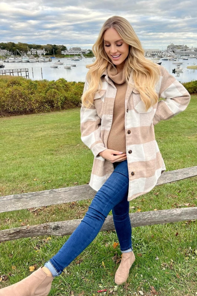 Beige Plaid Brushed Long Maternity Shacket