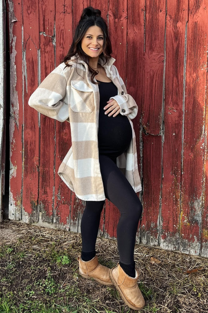 Beige Plaid Brushed Long Maternity Shacket