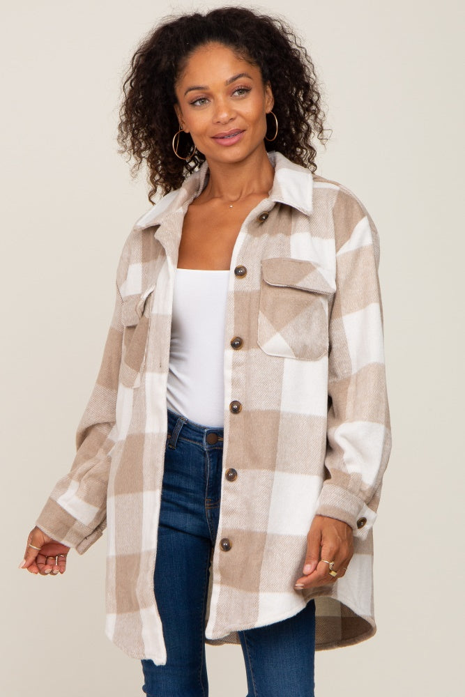 Beige Plaid Brushed Long Maternity Shacket