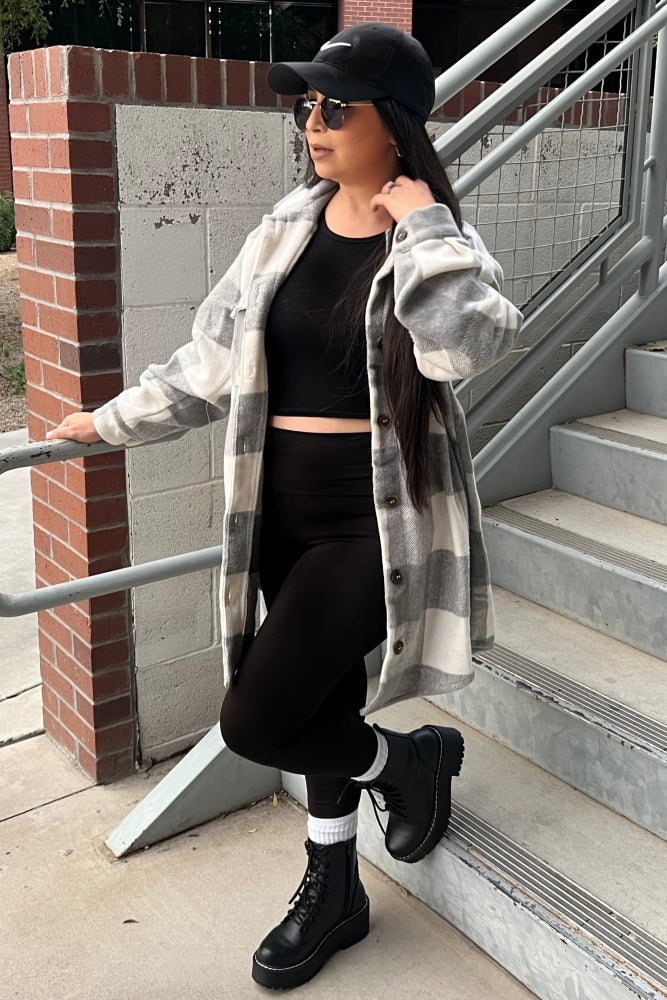 Grey Plaid Brushed Long Shacket