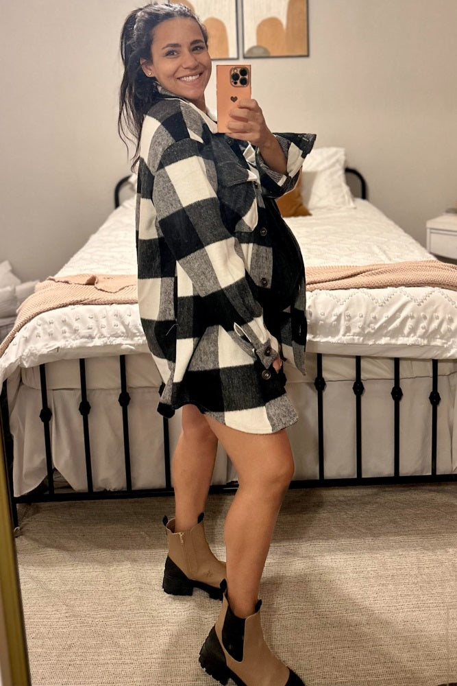 Black Plaid Brushed Long Maternity Shacket