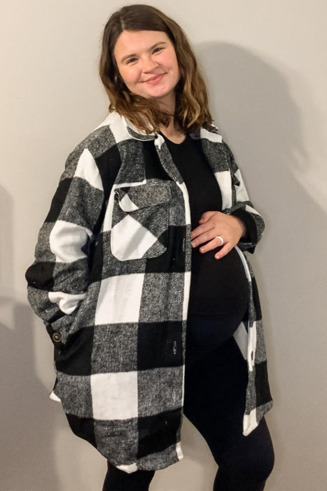 Black Plaid Brushed Long Maternity Shacket