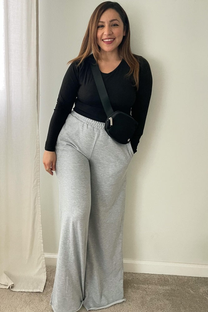 Heather Grey Wide Leg Fray Hem Sweatpants