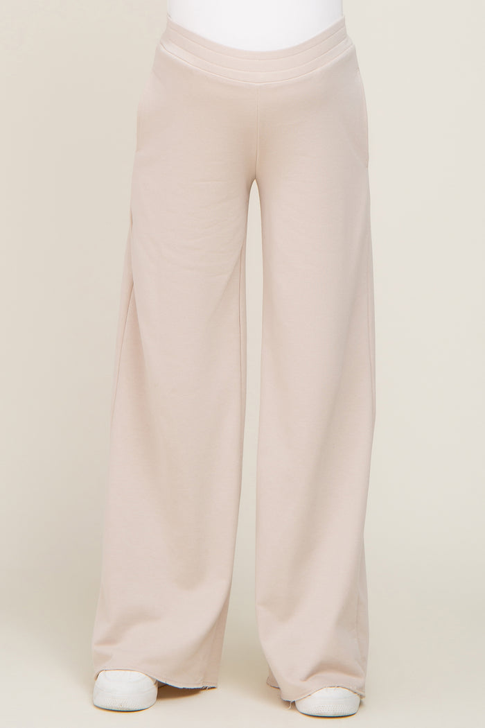 Beige Wide Leg Fray Hem Maternity Sweatpants
