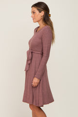 Mauve Soft Rib Knit Sash Tie Dress