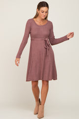 Mauve Soft Rib Knit Sash Tie Dress