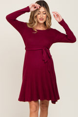 Burgundy Soft Rib Knit Sash Tie Maternity Dress