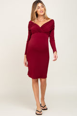 Burgundy Ruched Off Shoulder Long Sleeve Maternity Dress