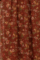 Brown Floral Chiffon Smocked Waist Midi Dress