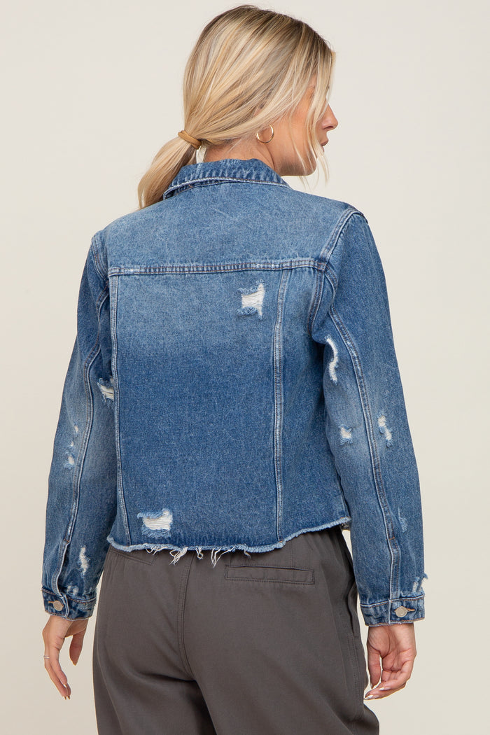 Navy Blue Distressed Cropped Denim Jacket