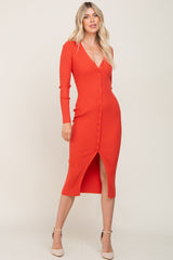 Rust Ribbed Button Front Long Sleeve Maternity Dress