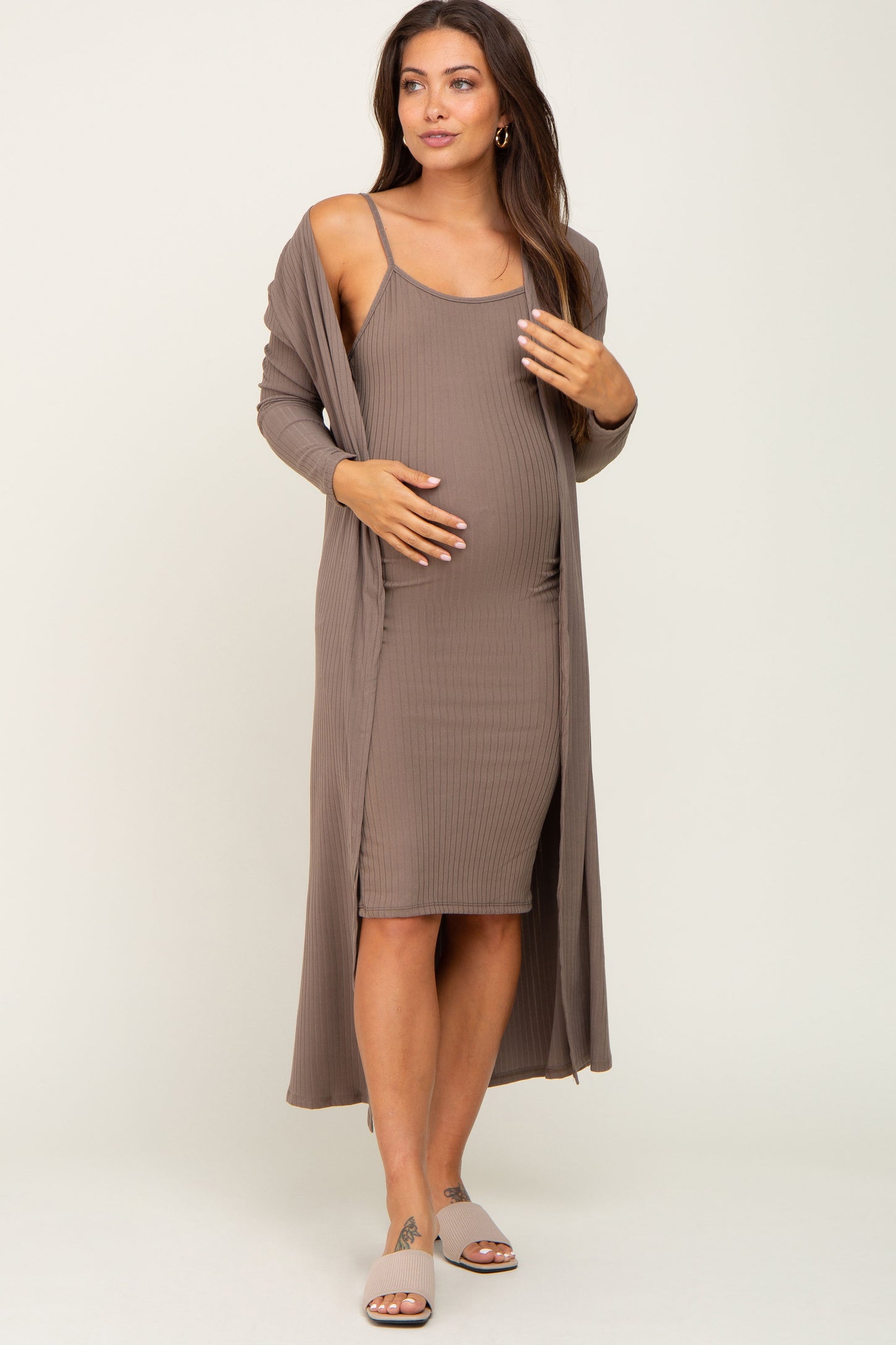 Taupe Ribbed Cardigan 2 Piece Maternity Set