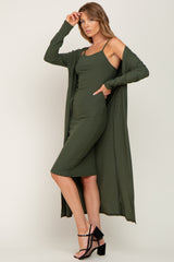 Olive Ribbed Cardigan 2 Piece Set