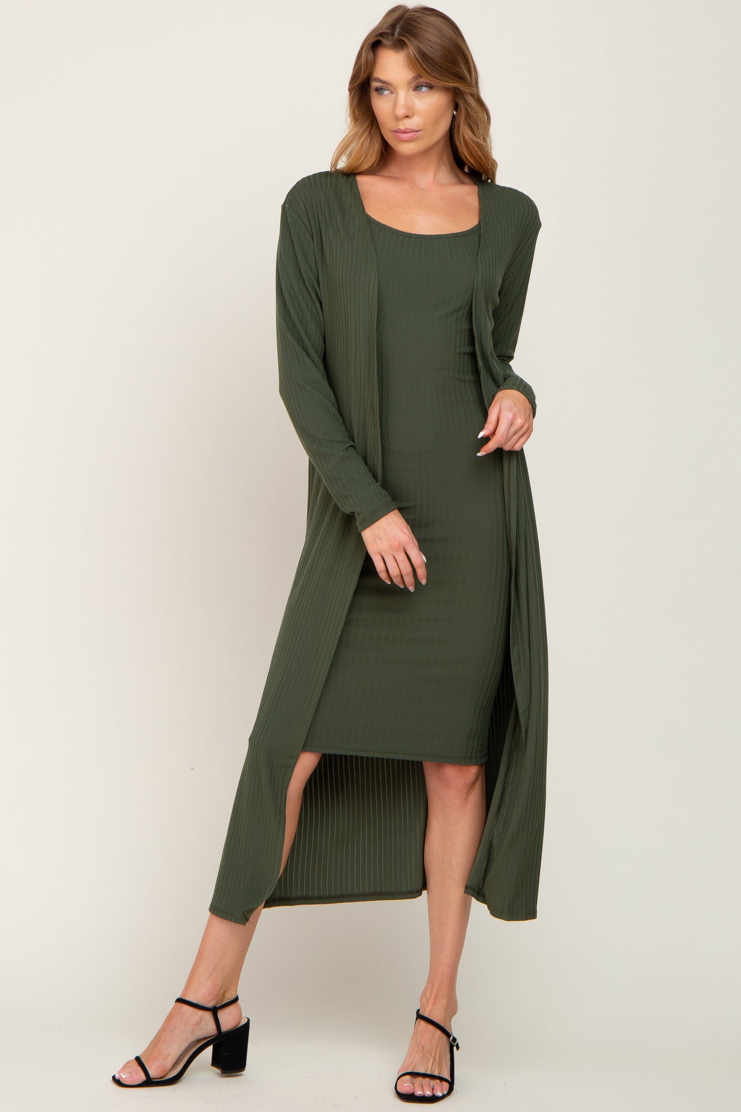 Olive Ribbed Cardigan 2 Piece Set
