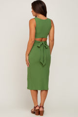 Olive Ribbed Back Cutout Maternity Midi Dress