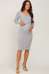 Heather Grey Brushed Knit Long Sleeve Maternity Wrap Nursing Dress