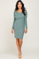 Green Brushed Knit Long Sleeve Wrap Nursing Dress