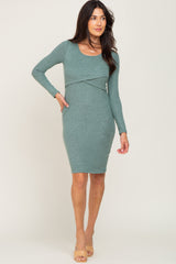 Green Brushed Knit Long Sleeve Wrap Nursing Dress