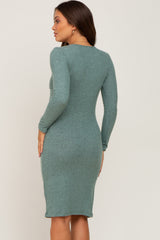 Green Brushed Knit Long Sleeve Maternity Wrap Nursing Dress