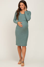 Green Brushed Knit Long Sleeve Maternity Wrap Nursing Dress