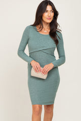 Green Brushed Knit Long Sleeve Wrap Nursing Dress