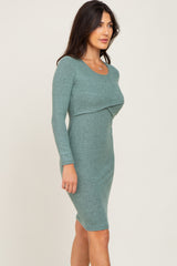 Green Brushed Knit Long Sleeve Wrap Nursing Dress