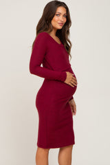 Burgundy Brushed Knit Long Sleeve Maternity Wrap Nursing Dress