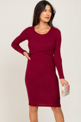 Burgundy Brushed Knit Long Sleeve Maternity Wrap Nursing Dress