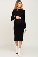 Black Brushed Knit Long Sleeve Mock Neck Maternity Dress